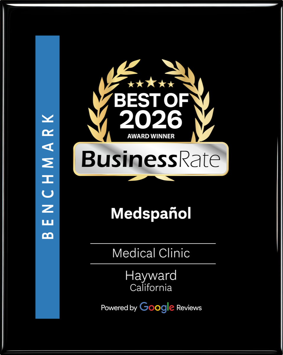 BusinessRate Best of 2026 award plaque recognizing MedSpañol as Best Medical Clinic in Hayward, California