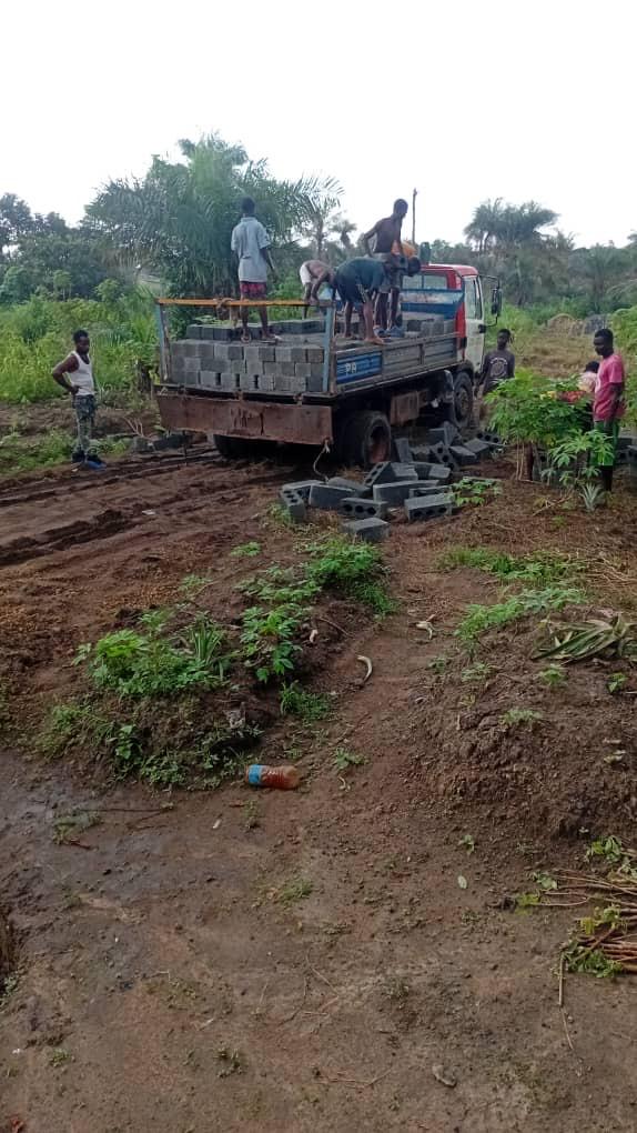 A truck of concrete blocks being unloaded at the Clinic One site